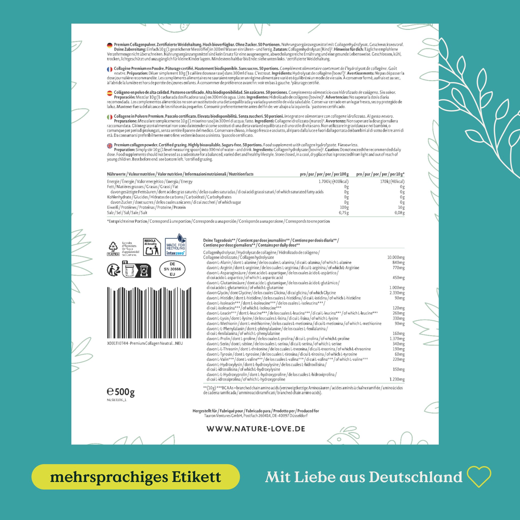 NATURE LOVE® Premium Collagen Pulver mit Hyaluronsäure & Elastin - 500g - Peptide Typ 1&3 - neutral