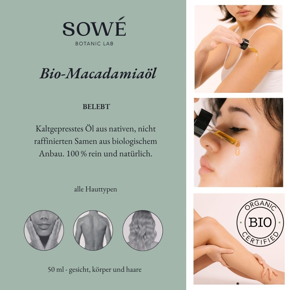 Werbetafel mit "SOWÉ" und "Bio-Macadamiaöl". Bilder von Anwendung und Bio-Siegel.