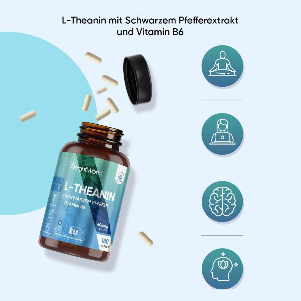 WeightWorld L-Theanin Kapseln: Flasche mit herausfallenden Kapseln und Icons für Meditation, Konzentration, Gehirn.