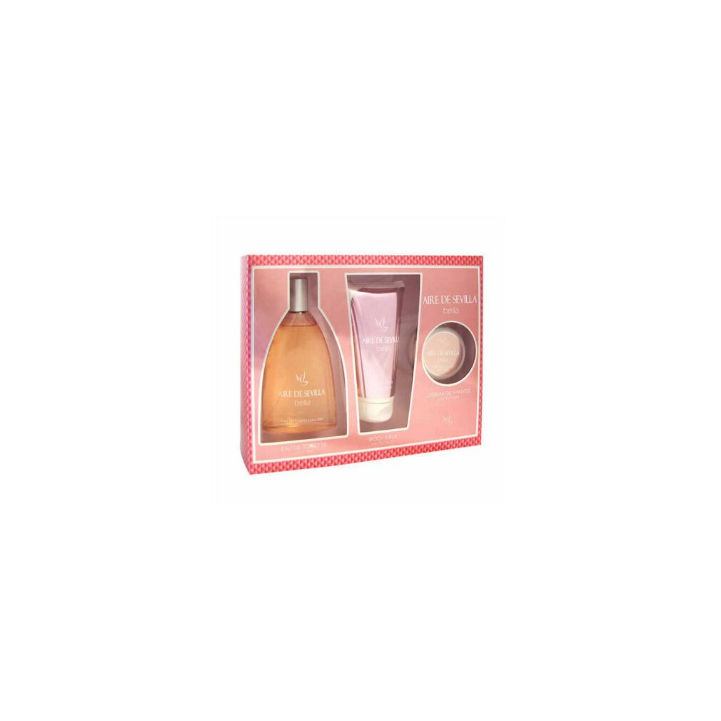 Geschenkset mit Eau de Toilette, Body Milk und Creme. Rosa Verpackung mit Produktnamen. Flakon, Tube und Tiegel sichtbar.