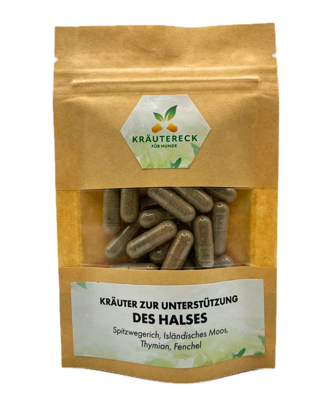 Kräuterkapseln in brauner Verpackung mit Sichtfenster. Aufschrift: Kräutereck für Hunde. Text: Kräuter zur Unterstützung des Halses.