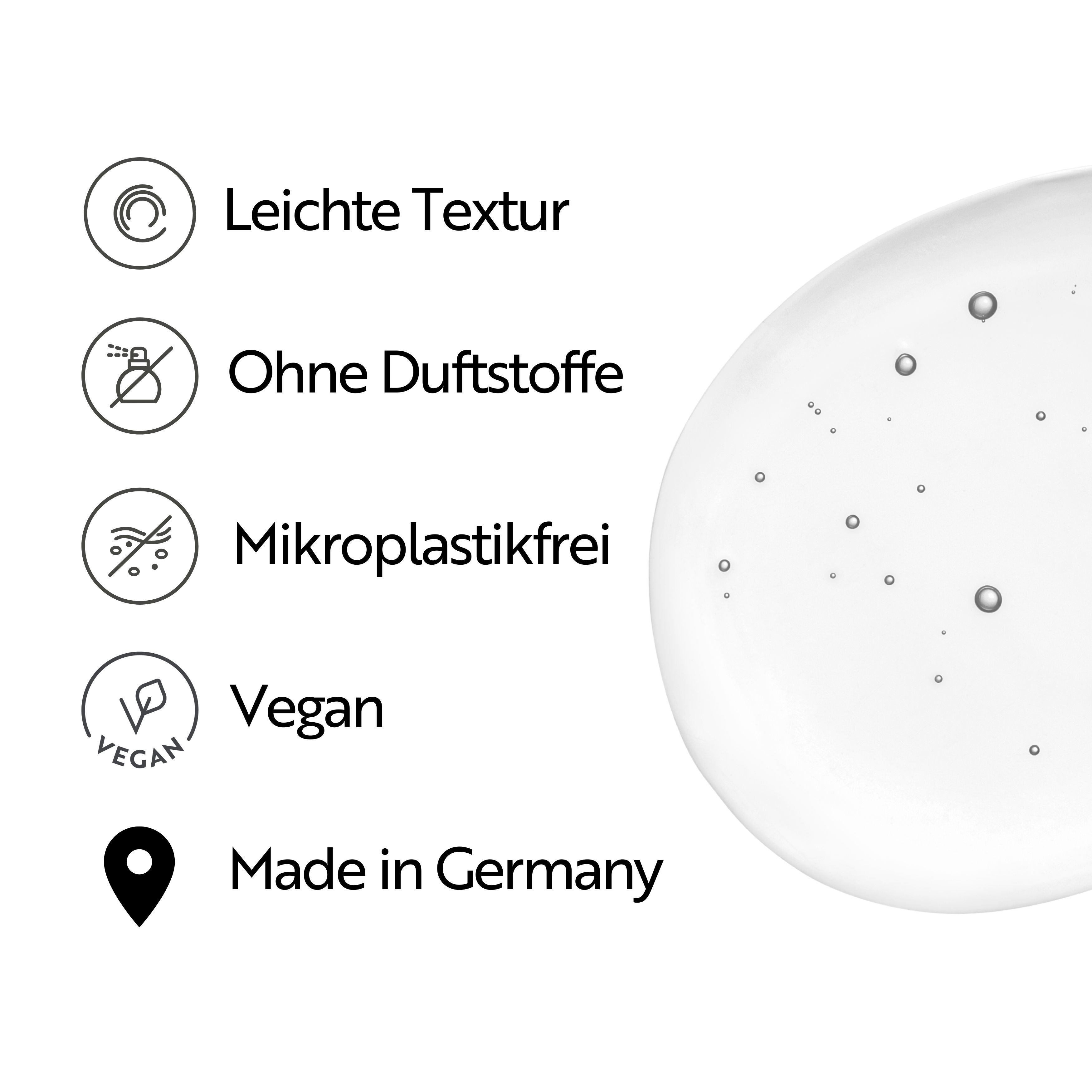 Symbole: Leichte Textur, ohne Duftstoffe, mikroplastikfrei, vegan, Made in Germany.
