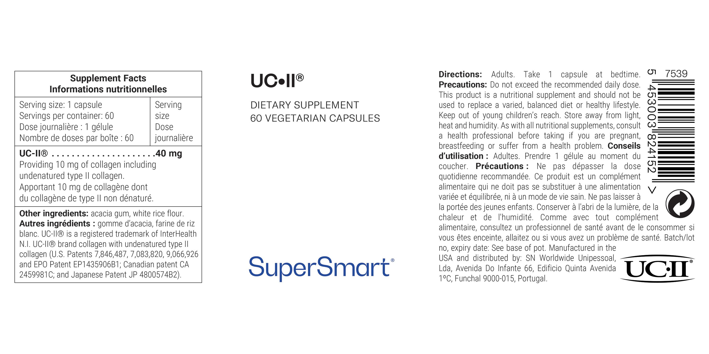 Etikett mit Produktinformationen. Enthält UC•II® und SuperSmart-Logo. Angaben zu Inhaltsstoffen und Dosierung.
