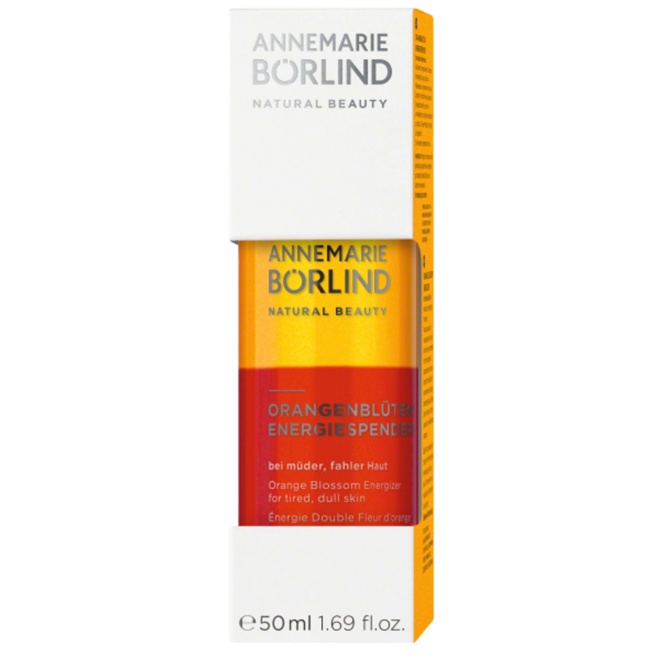 ANNEMARIE BÖRLIND ORANGENBLÜTEN ENERGIESPENDER. Produkt in Verpackung. Weißer Karton mit gelb-orangefarbenem Produkt. 50 ml.