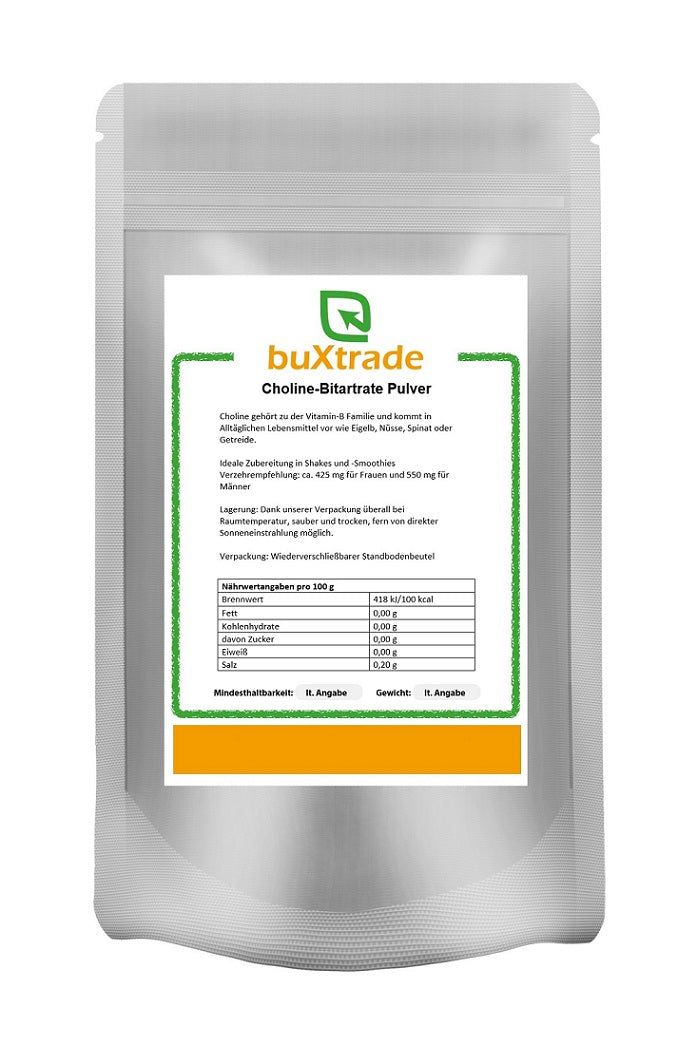 Beutel mit buXtrade Cholin-Bitartrat Pulver. Aufdruck mit Nährwertangaben und Produktinformationen.