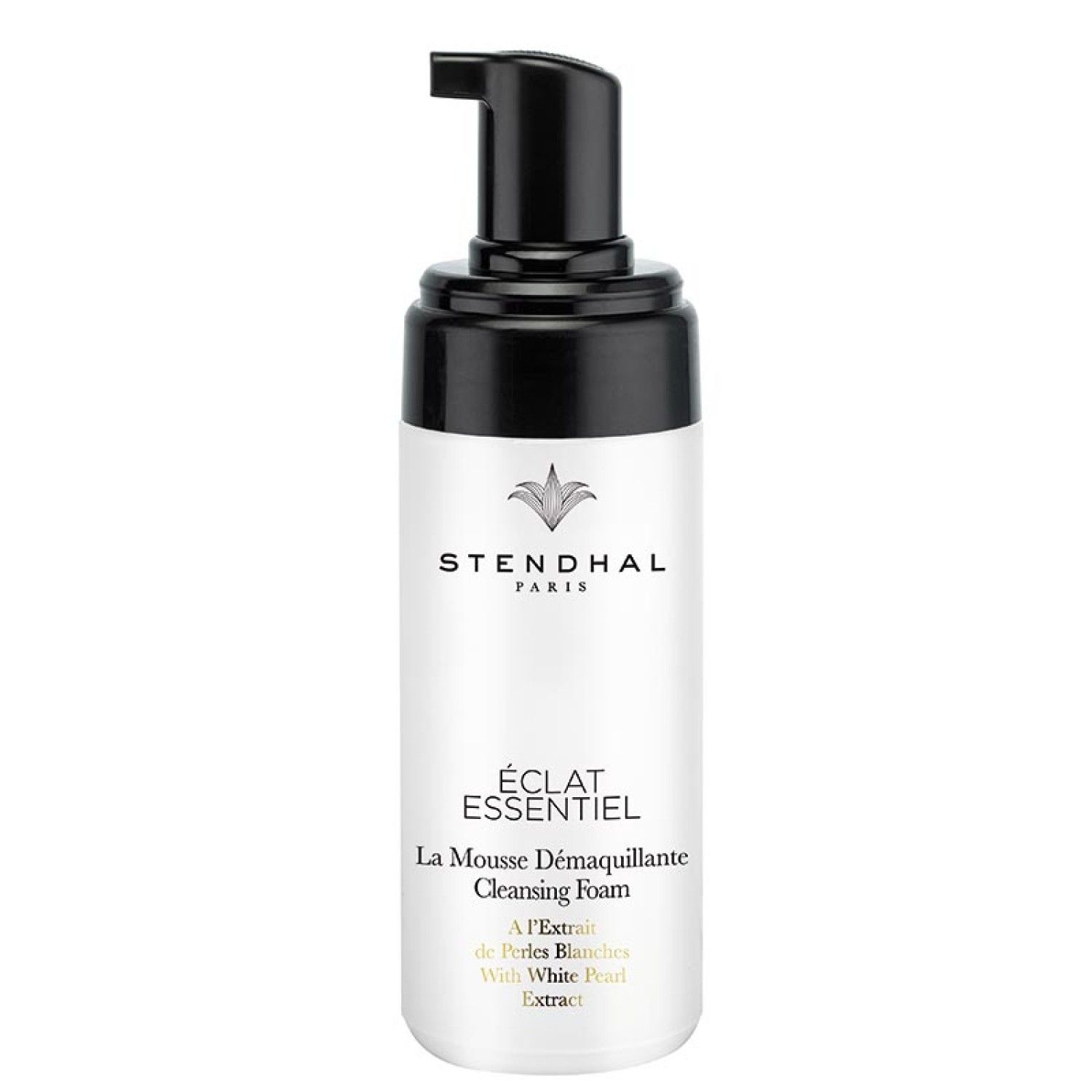Weißes Fläschchen mit schwarzem Pumpkopf. Aufschrift: Stendhal Paris, Éclat Essentiel, La Mousse Demaquillante Cleansing Foam.
