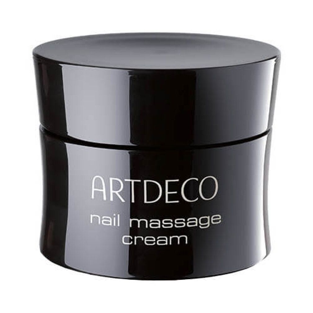 Schwarzer Tiegel mit silberner Schrift: ARTDECO nail massage cream. Der Deckel ist geschlossen.