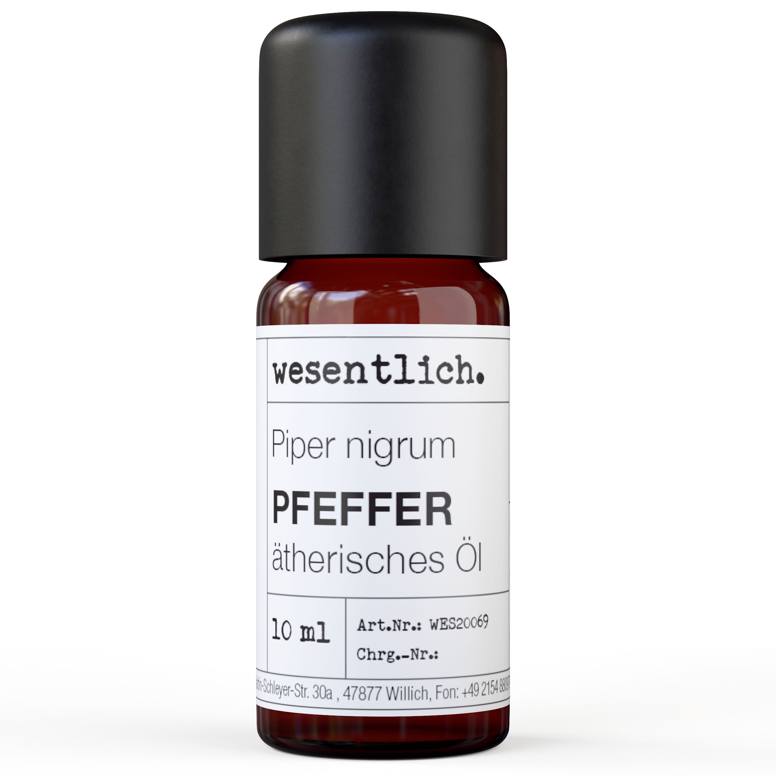 Braune Glasflasche mit schwarzem Deckel. Etikett mit Produktnamen und Marke: wesentlich. Pfeffer ätherisches Öl.