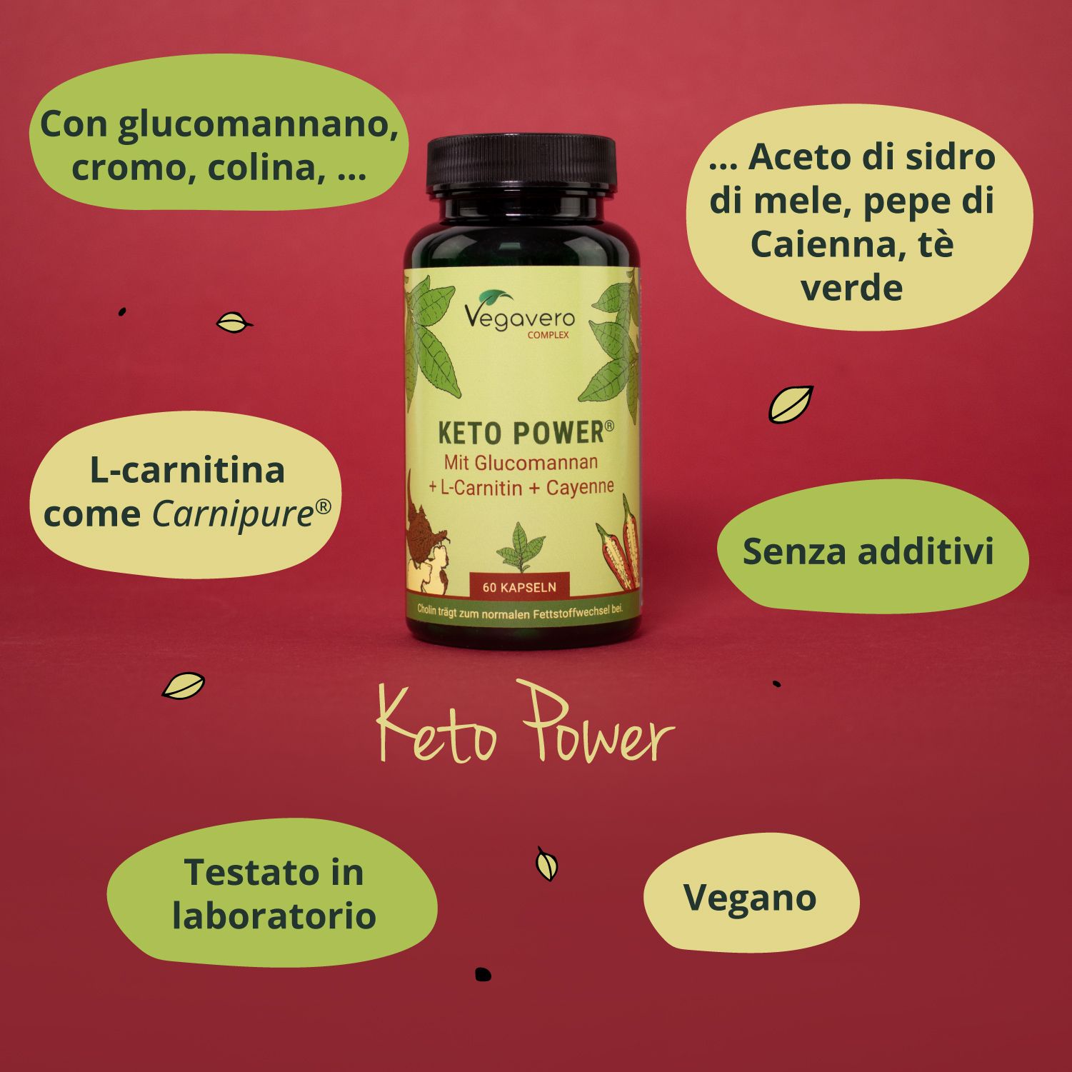 Capsule Keto Power con elementi testuali: L-Carnitina, senza additivi, testato in laboratorio, produzione tedesca, vegano.