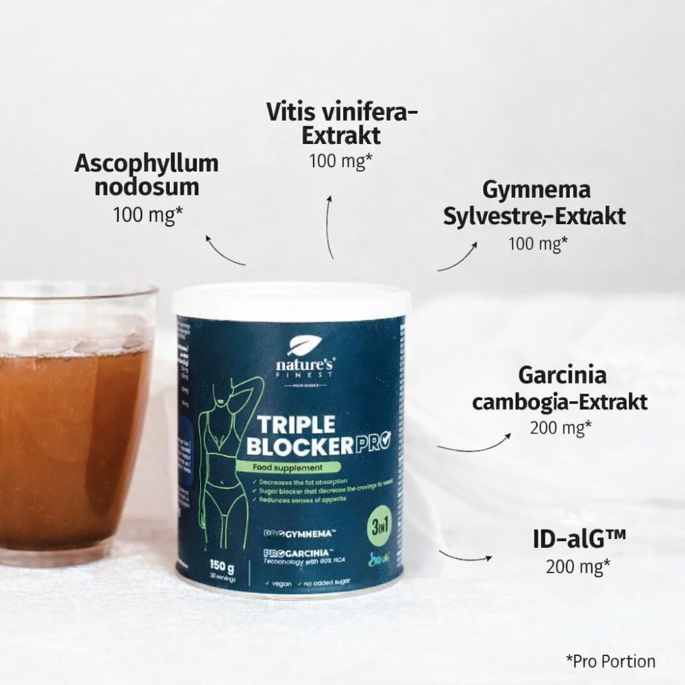 Nature's Finest Triple Blocker PRO Dose, Glas Getränk, Löffel Pulver. Anleitung: 1. Messlöffel, 2. Wasser, 3. Trinken.