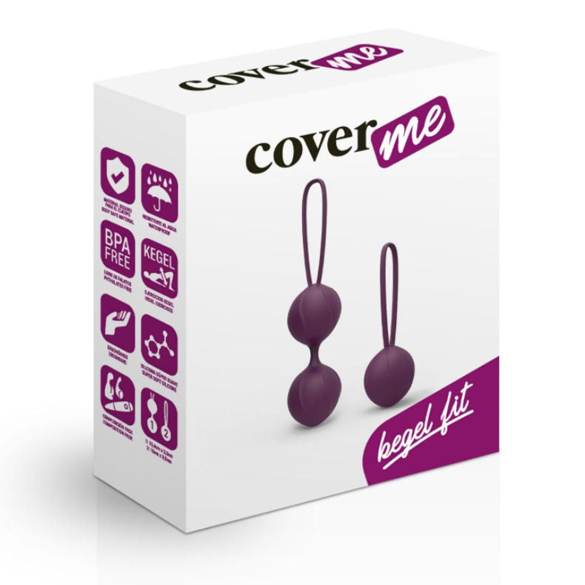 Verpackung mit zwei Kegel-Kugeln. Auf der Verpackung steht "cover me" und "kegel fit". Lila Kugeln mit Schlaufen.