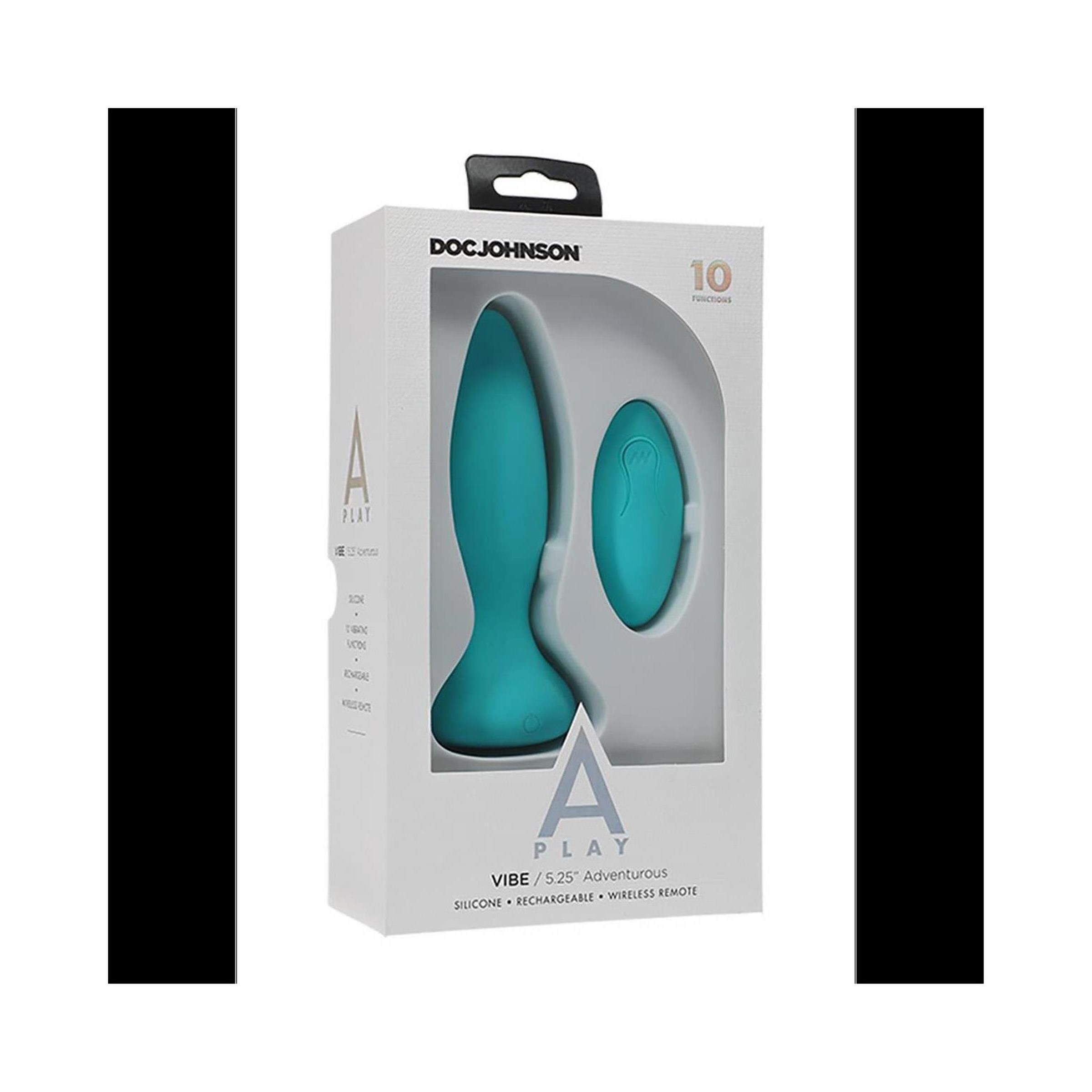 Produktverpackung. Türkisfarbener Analplug und Fernbedienung in weißer Box. Marke: Doc Johnson. Text: Vibe, Adventurous, Silicone, Rechargeable, Wireless Remote.