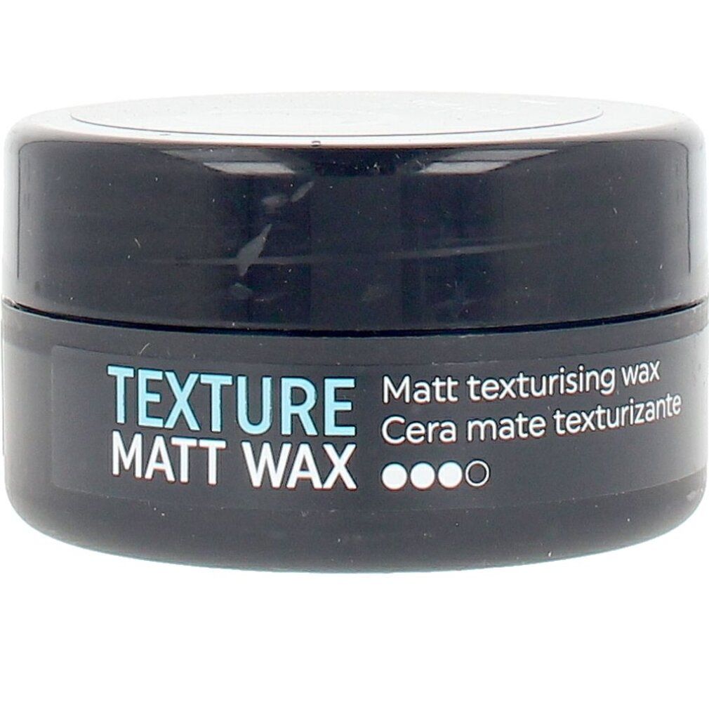 Schwarzer Tiegel mit Aufschrift TEXTURE MATT WAX. Produktname und Eigenschaften sind auf dem Tiegel angegeben.