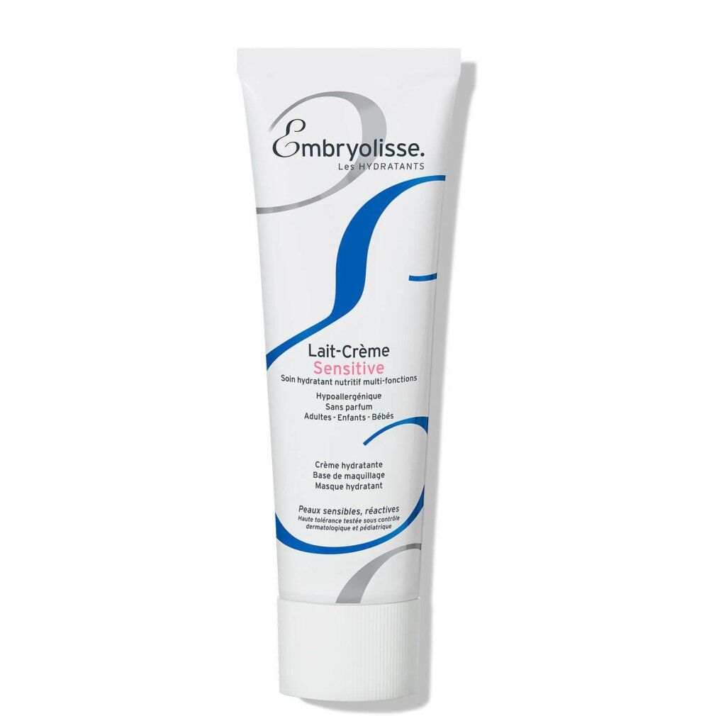Weiße Tube mit blauer und grauer Grafik. Aufschrift: Embryolisse Lait-Crème Sensitive. Text in Französisch.