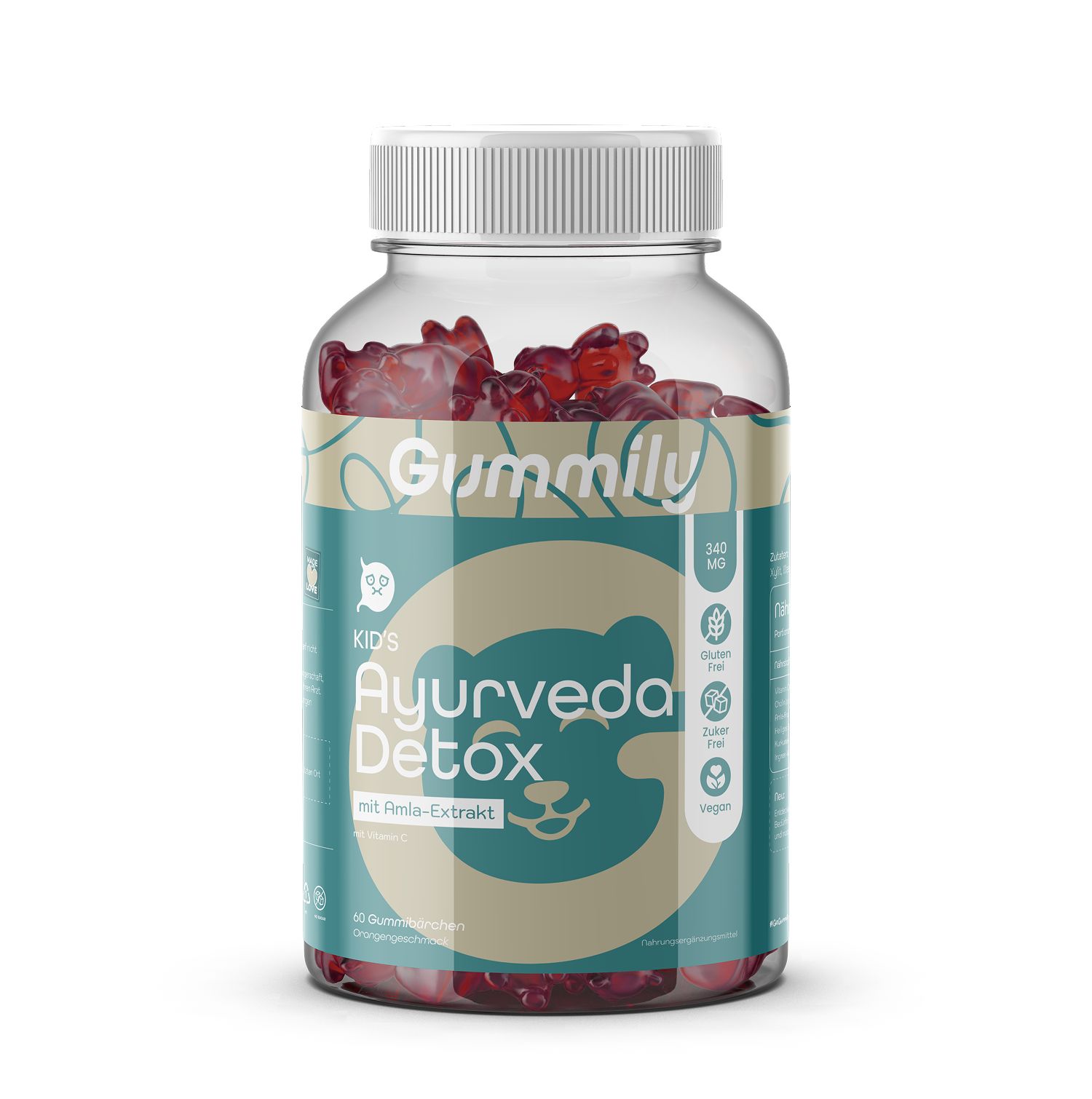 Klare Dose mit roten Gummibärchen. Aufschrift: Ayurveda Detox. Logo: Bär. Aufschrift: Gummily. Mit Perle-Extrakt.