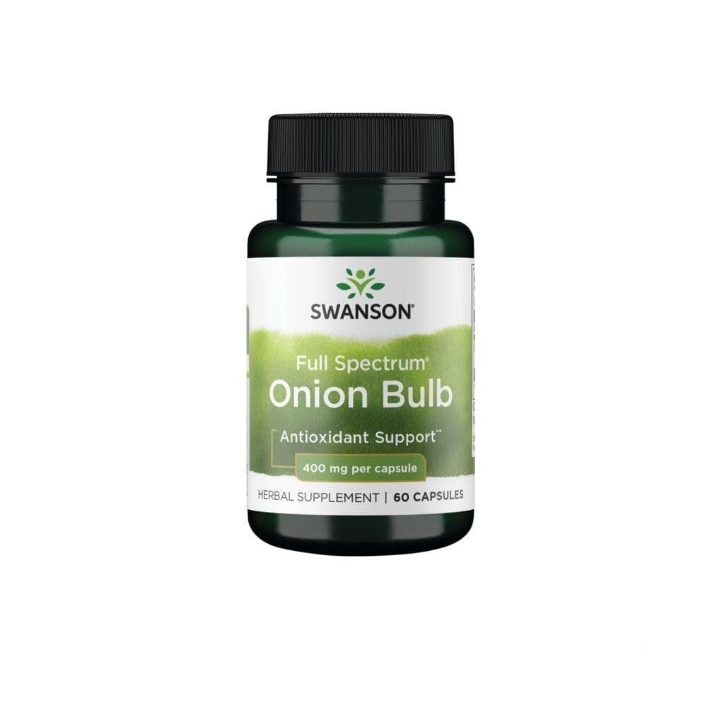 Grüne Flasche mit schwarzem Deckel. Aufschrift: SWANSON, Onion Bulb, Antioxidant Support, 60 Kapseln.