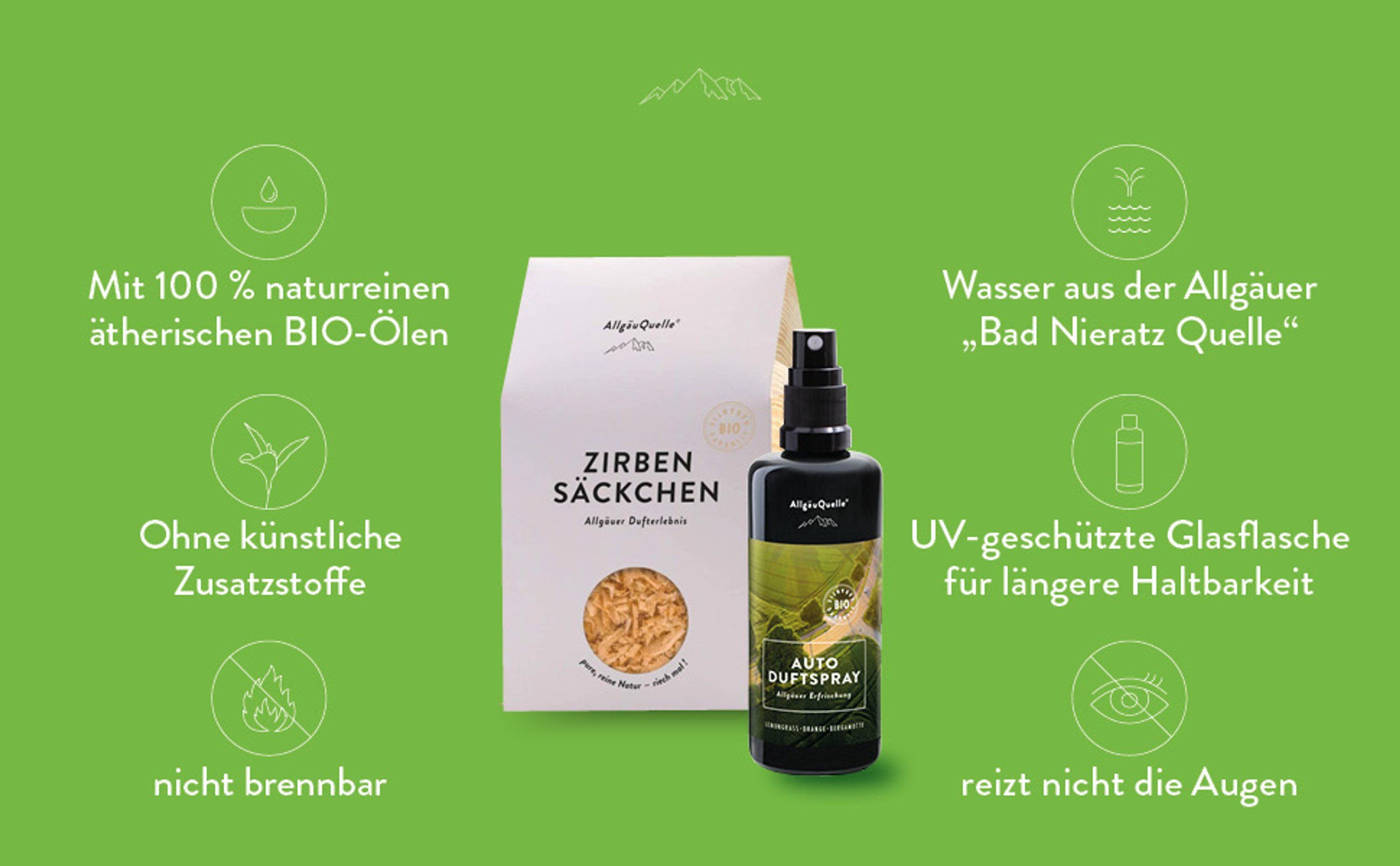 Produkt mit grünen Icons. Text: 100% naturreine Bio-Öle, ohne künstliche Zusätze, nicht brennbar, Wasser aus Bad Nieratz Quelle, UV-Schutz, reizt nicht die Augen.