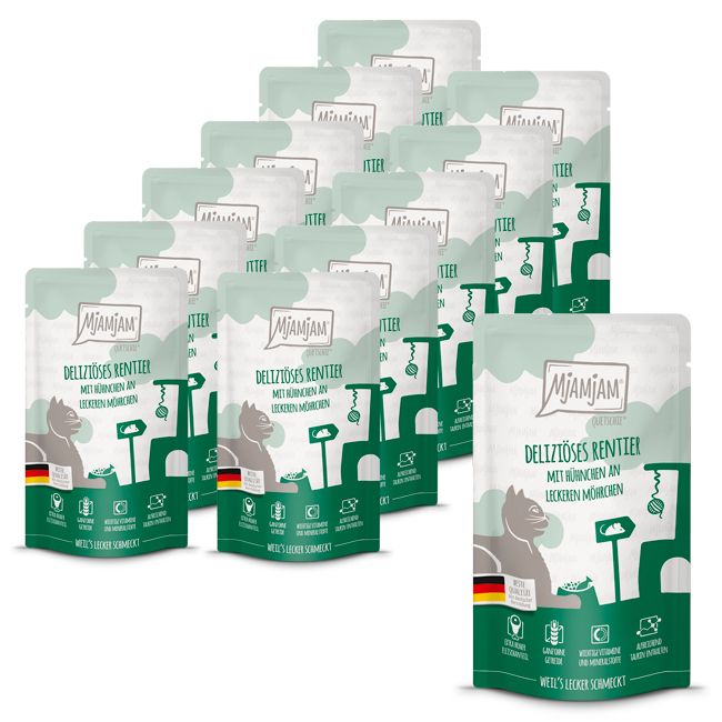 MjAMjAM - Quetschie deliziöses Rentier mit Hühnchen an leckeren Möhrchen 12x125 g Futter