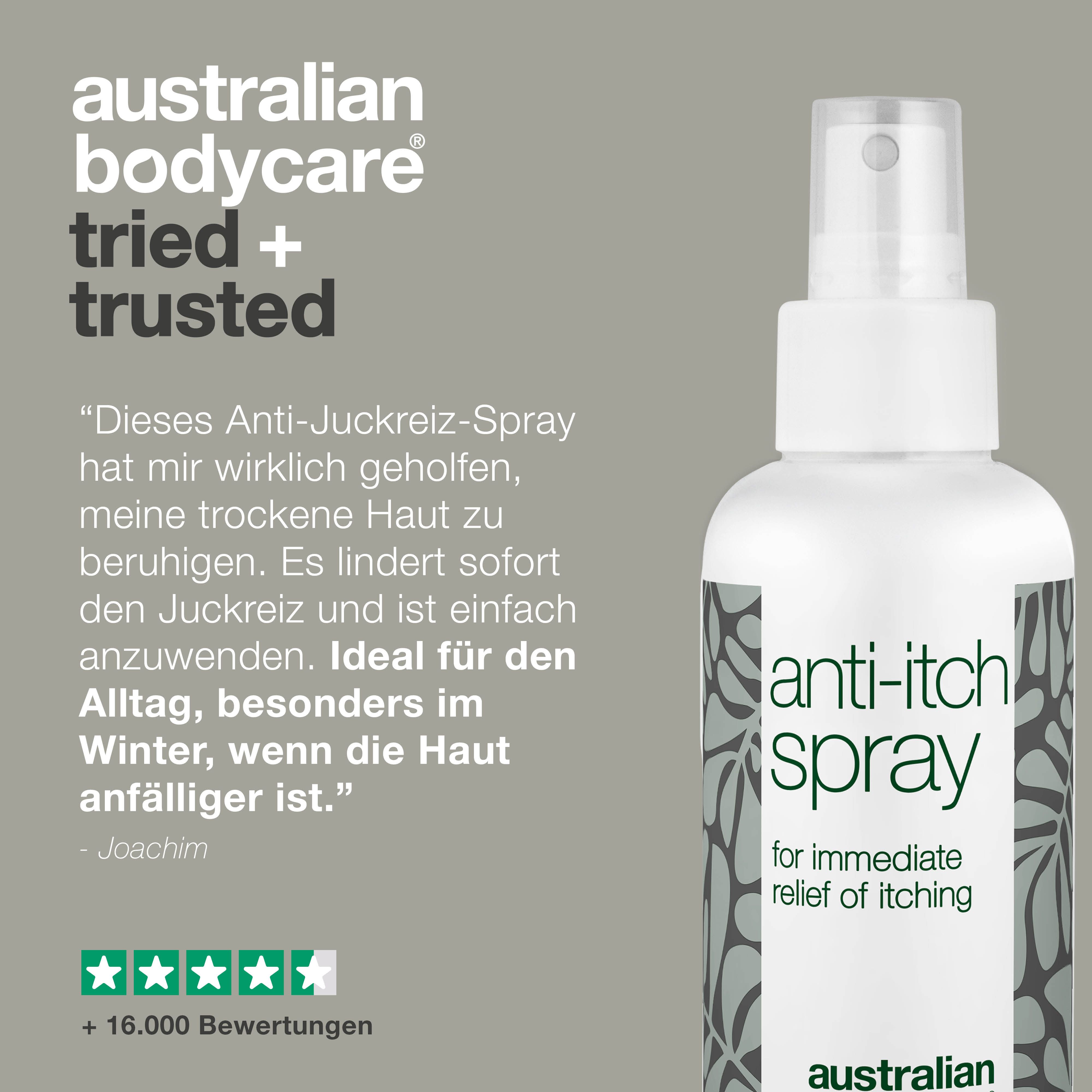 Spray gegen Juckreiz mit Text und 5 Sternen. Zitat: 'Dieses Anti-Juckreiz-Spray hat mir geholfen'.