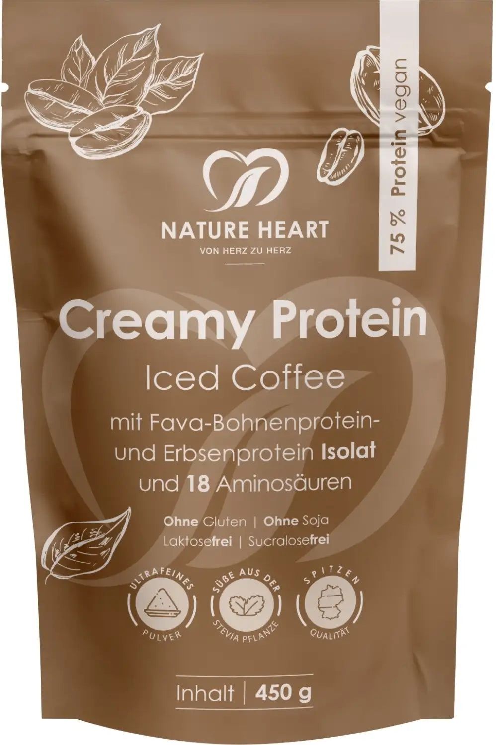 Braune Verpackung mit Produktaufdruck. Text: "Nature Heart Creamy Protein Iced Coffee". Enthält Fava-Bohnenprotein, Erbsenprotein Isolat. 450g.