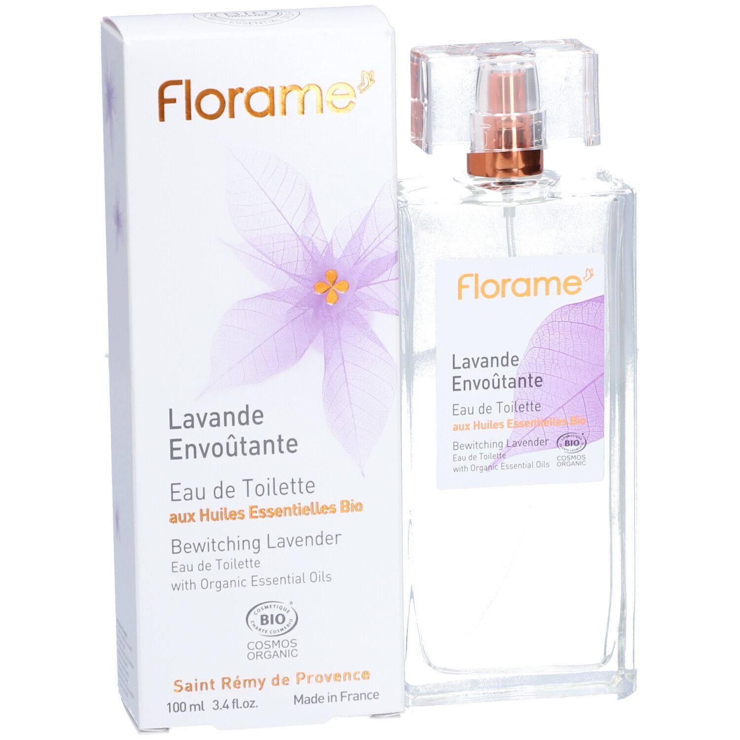 Flakon und Karton mit Produktbezeichnung und Logo. Aufschrift: Lavande Envoûtante, Eau de Toilette, Bio.