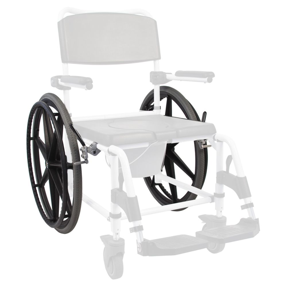 Rollstuhl mit schwarzen Rädern. Der Rollstuhl hat eine weiße Struktur und eine graue Sitzfläche. Die Räder sind groß und haben Speichen.