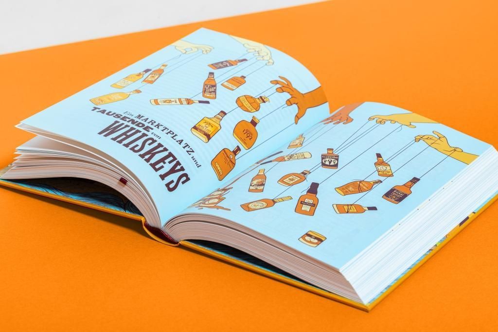 Buch, Doppelseite geöffnet. Illustration von Flaschen und Etiketten auf blauem Hintergrund.