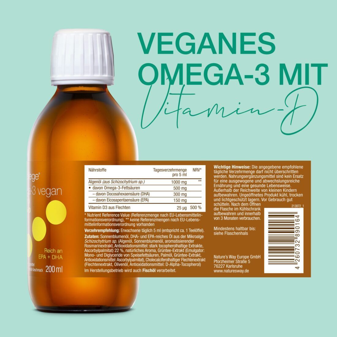 Braune Flasche mit weißem Deckel. Aufschrift: Veganes Omega-3 mit Vitamin D. Etikett mit Nährwertangaben. 200ml.