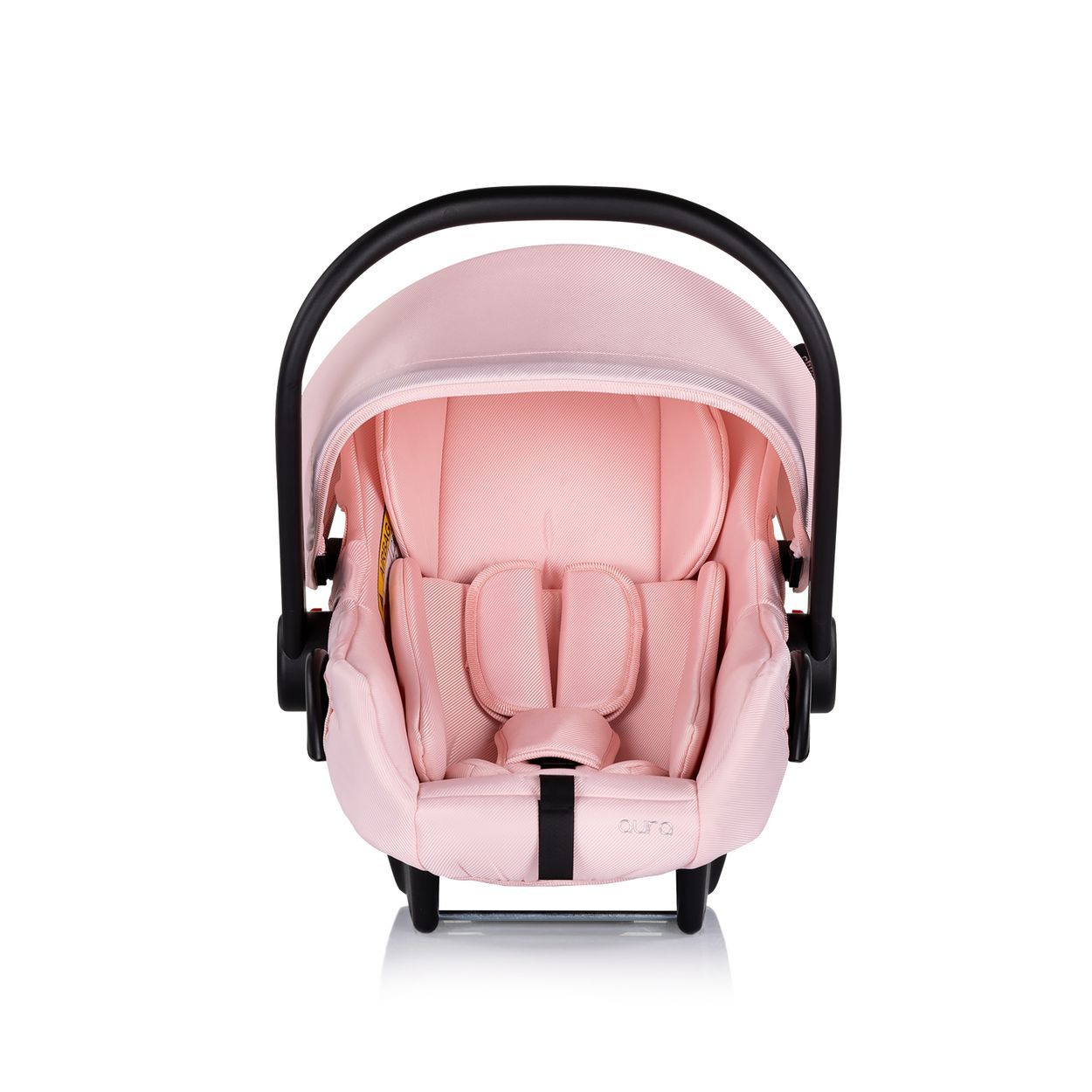 Schwarzer Baby-Autositz mit Verdeck und Sitzverkleinerer. "moni" Logo sichtbar.