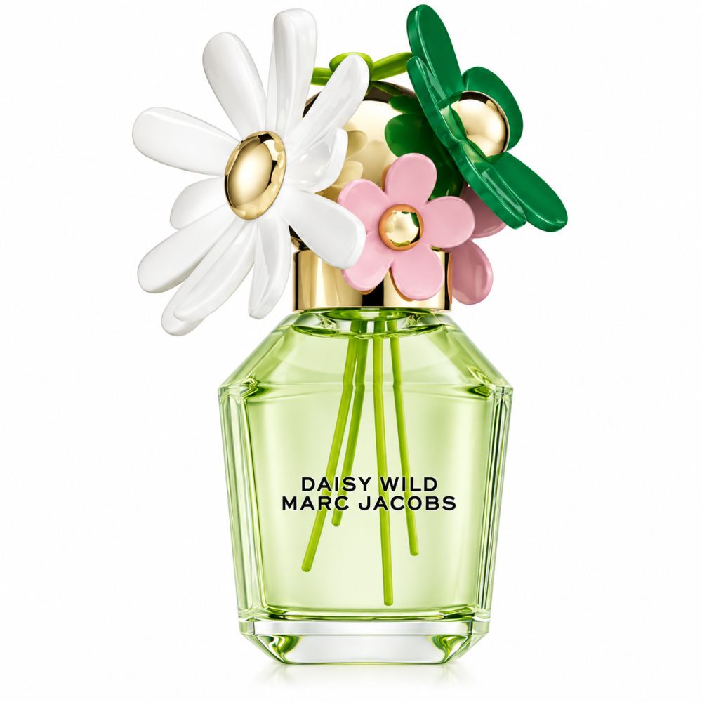 Daisy Wild Eau de Parfum Flakon mit Blumenaufsatz, goldener Kappe und grünem Duft.