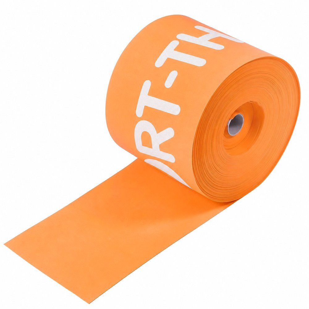 Orangefarbenes Fitnessband aufgerollt, mit weißem Aufdruck "SPORT-THIEME".