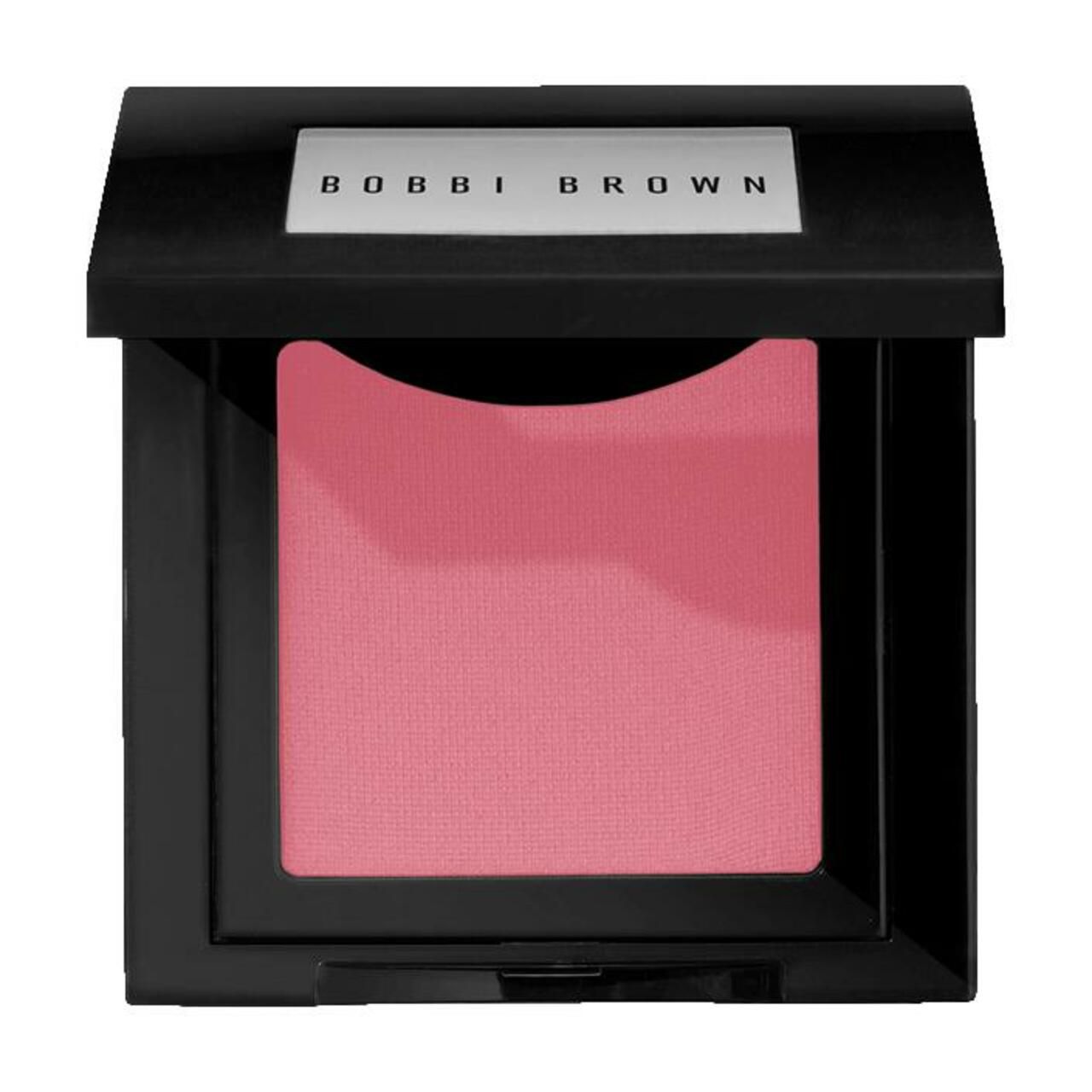 Schwarzer, quadratischer Bobbi Brown Blush-Kompaktpuder. Rosa Puder in der Dose. Auf dem Deckel steht Bobbi Brown.