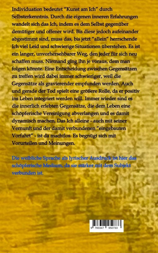 Rückseite des Buches "Wasser wird Licht" mit Text und ISBN-Code. Autorin: Liesel Solscheid. Text über Individuation und lyrischen Ausdruck.