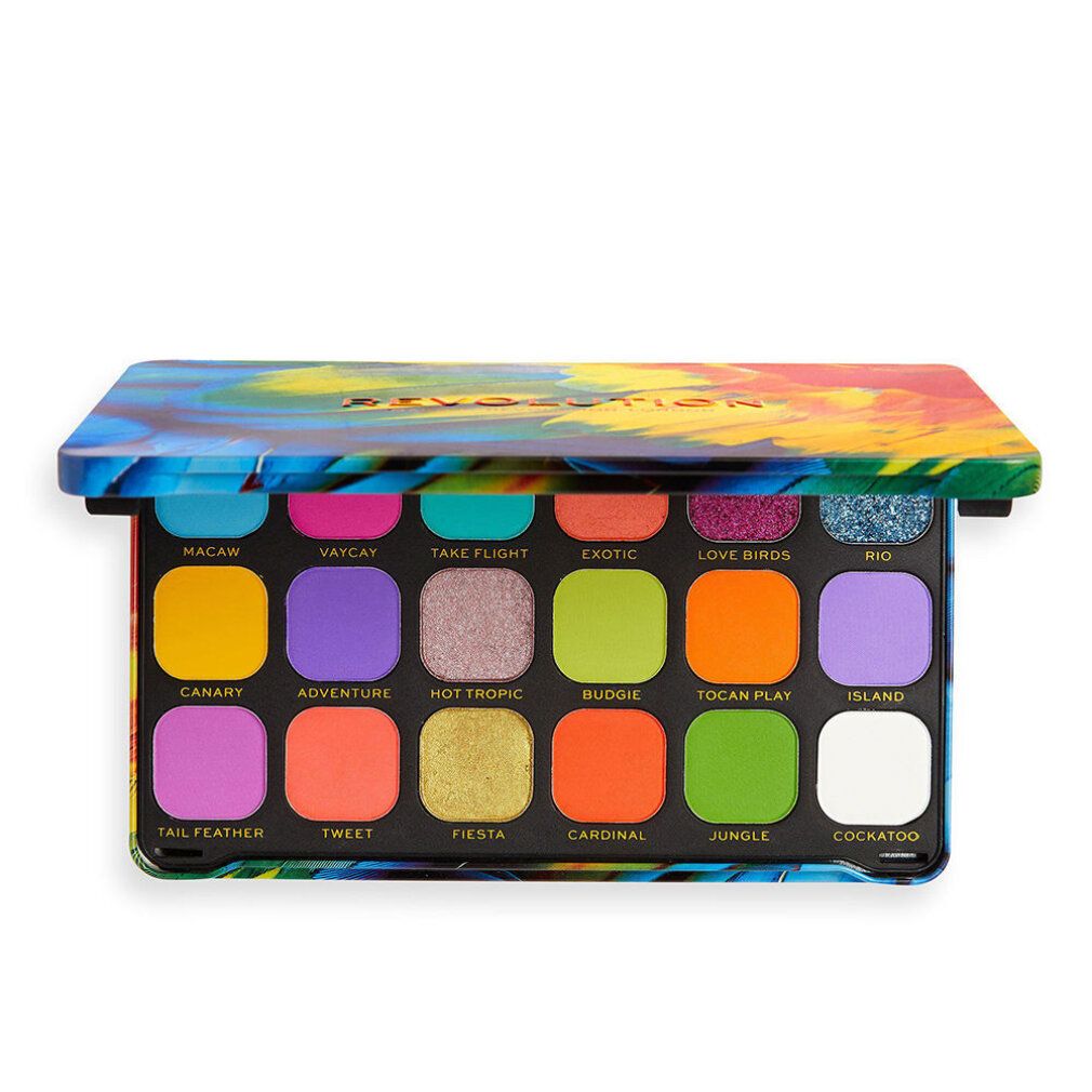 Offene Lidschattenpalette mit bunten Farben. Deckel mit Federmuster. Verschiedene Farbtöne.