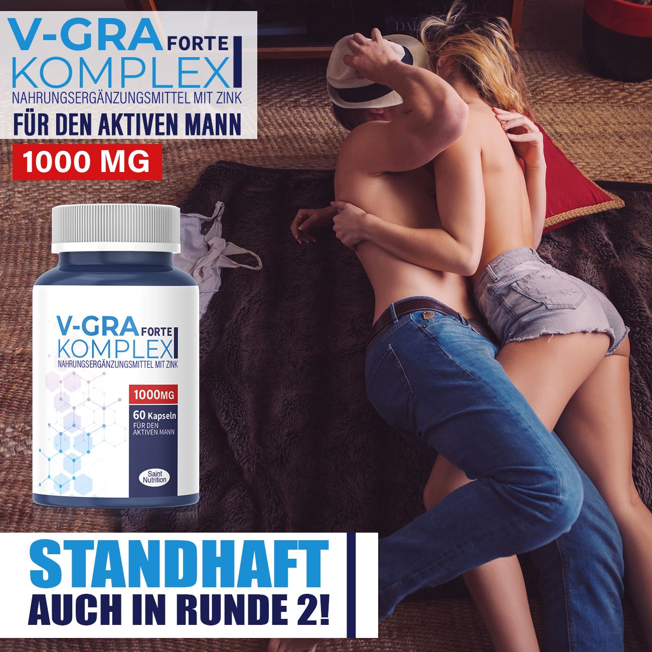 Paar in intimer Situation. Produktflasche im Vordergrund. Text: Standhaft, auch in Runde 2!