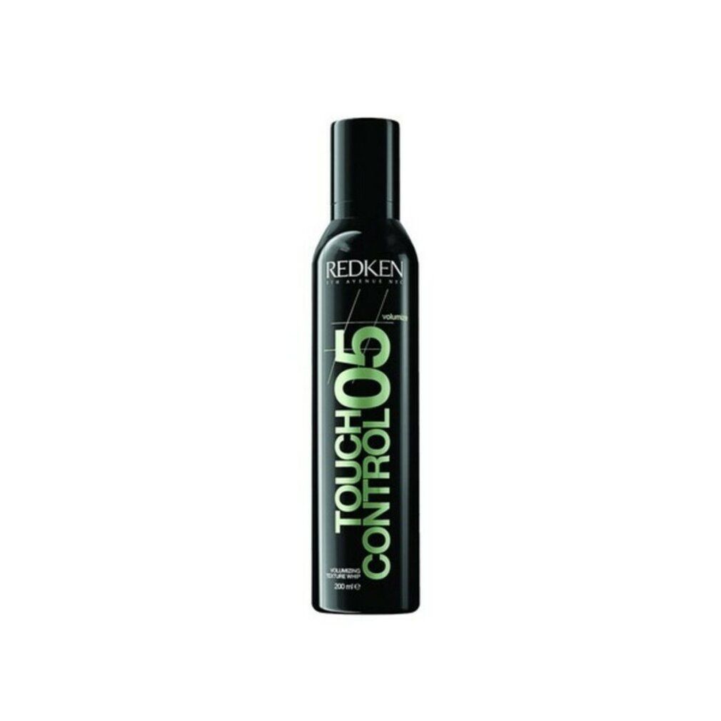 Schwarze Sprühdose mit schwarzem Deckel. Aufschrift: TOUCH CONTROL 05, Redken.