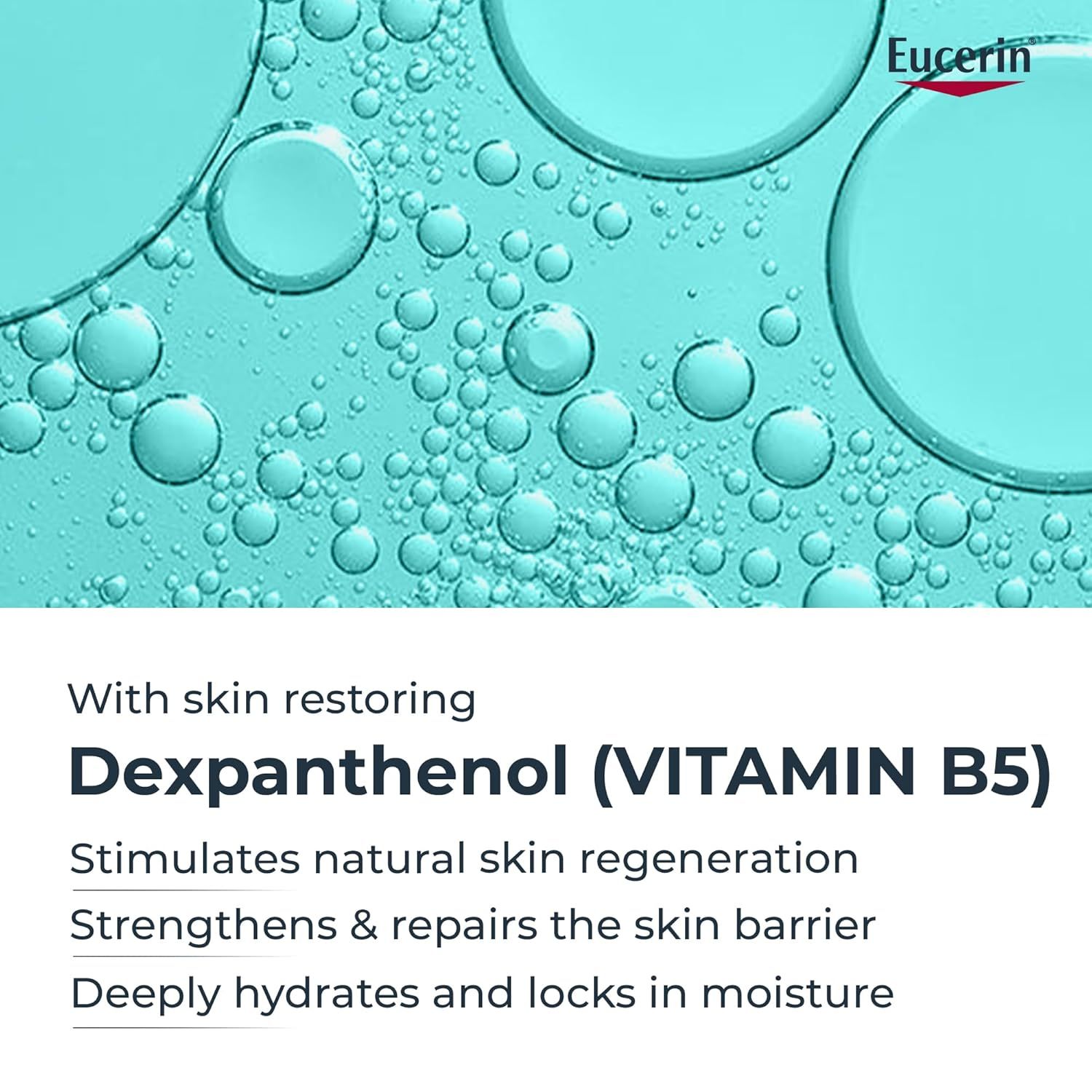 Blaue Flüssigkeit mit Blasen. Text: Dexapanthenol (VITAMIN B5). Stimuliert die natürliche Hautregeneration. Stärkt und repariert die Hautbarriere.