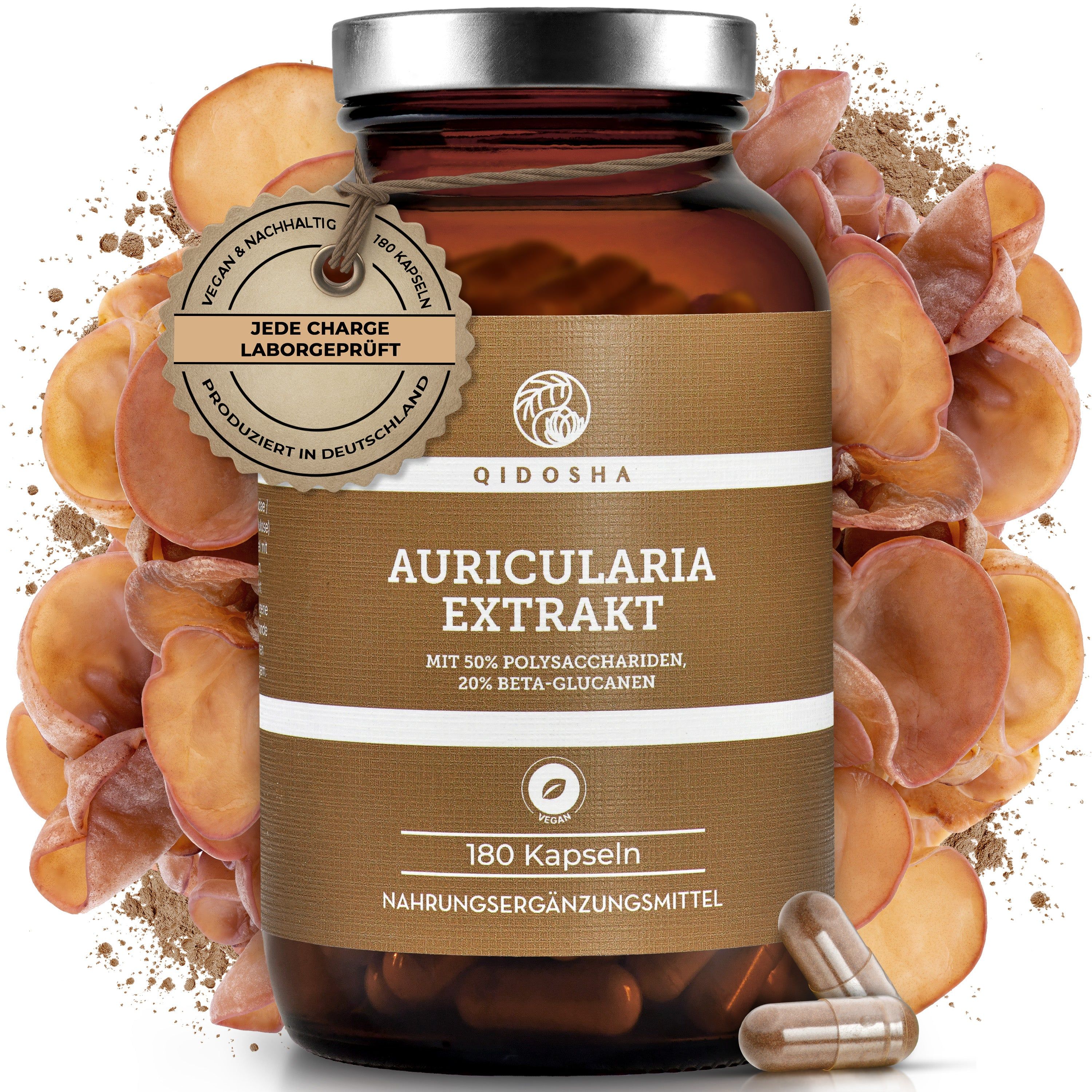 Qidosha Auricularia-Extrakt Kapseln, 180 Stück, 50% Polysaccharide.