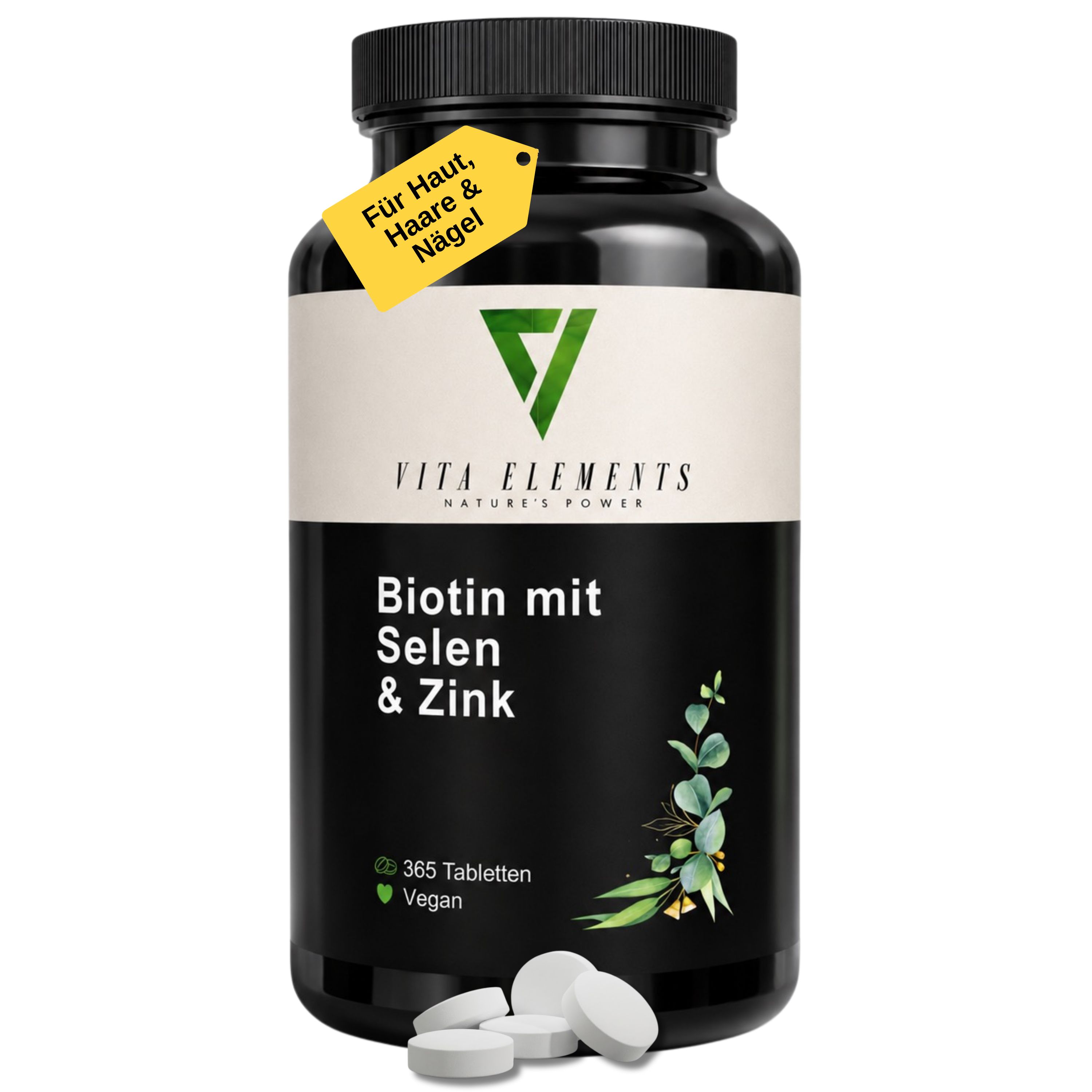 Schwarze Flasche mit Tabletten. Gelbes Etikett: Für Haut, Haare & Nägel. Logo und Produktname.