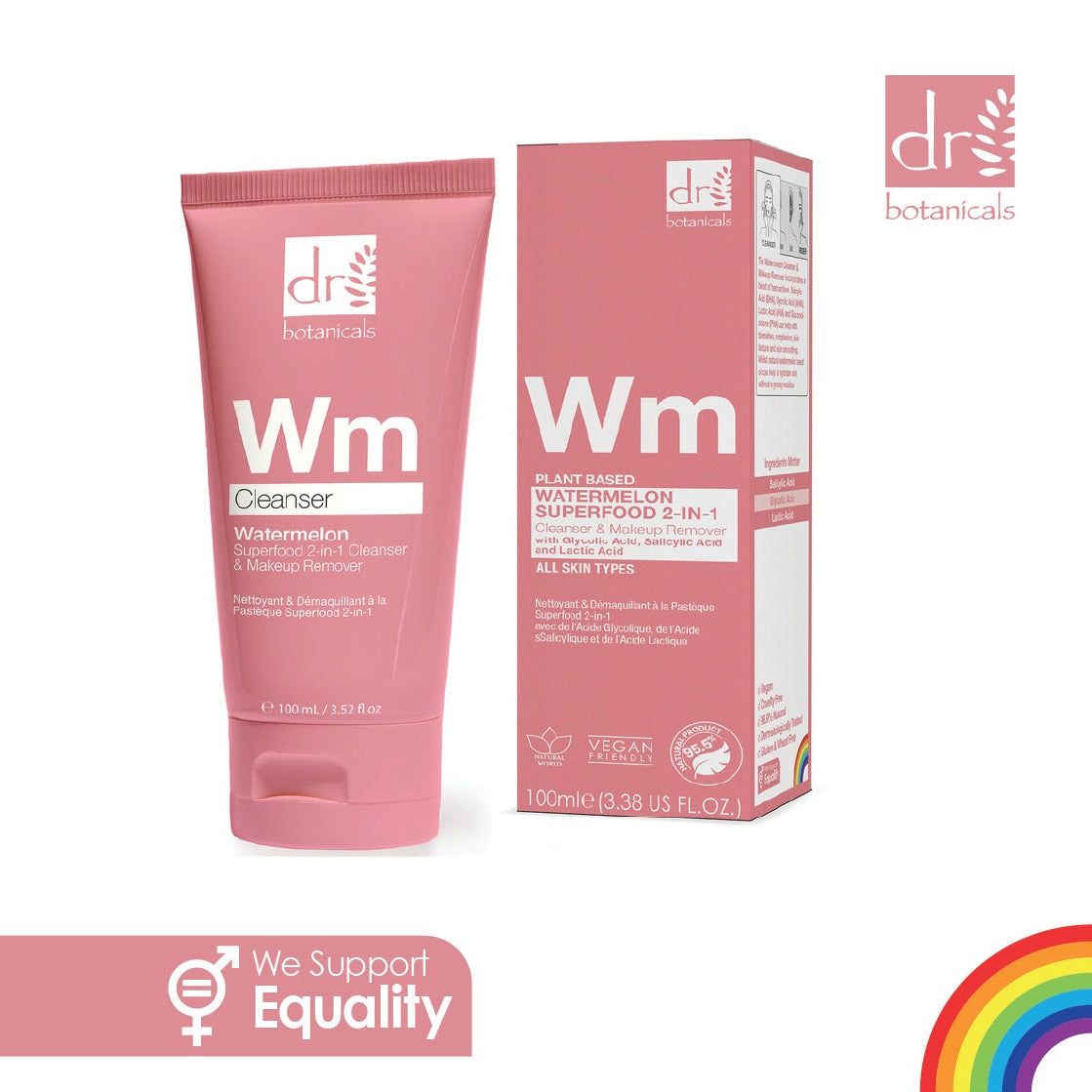 Rosa Tube und Schachtel mit "dr botanicals"-Logo und "Wm Cleanser". Aufschrift: "Watermelon Superfood 2-in-1". Vegan-Siegel.