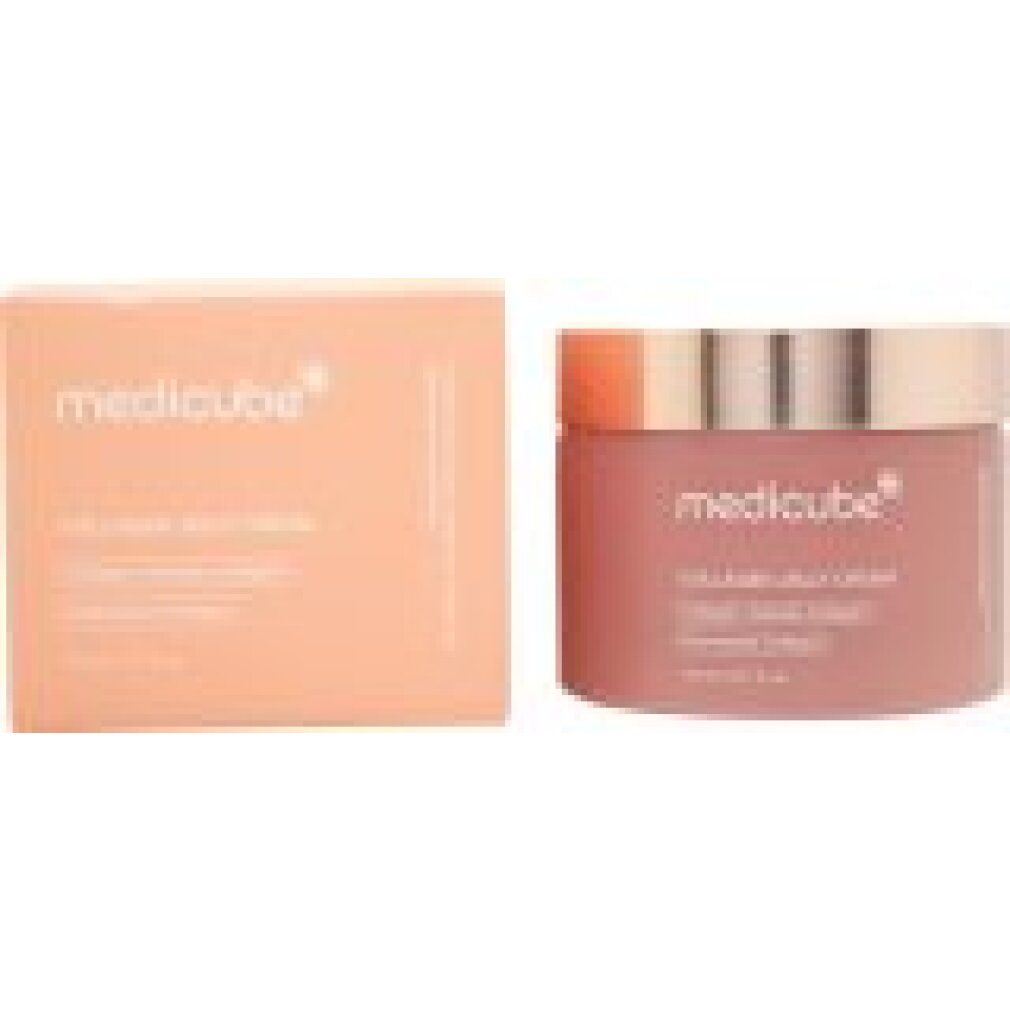 Medicube Collagen Jelly Cream Tiegel mit rosa Creme und Spatel, platziert auf einer rosa geleeartigen Form.