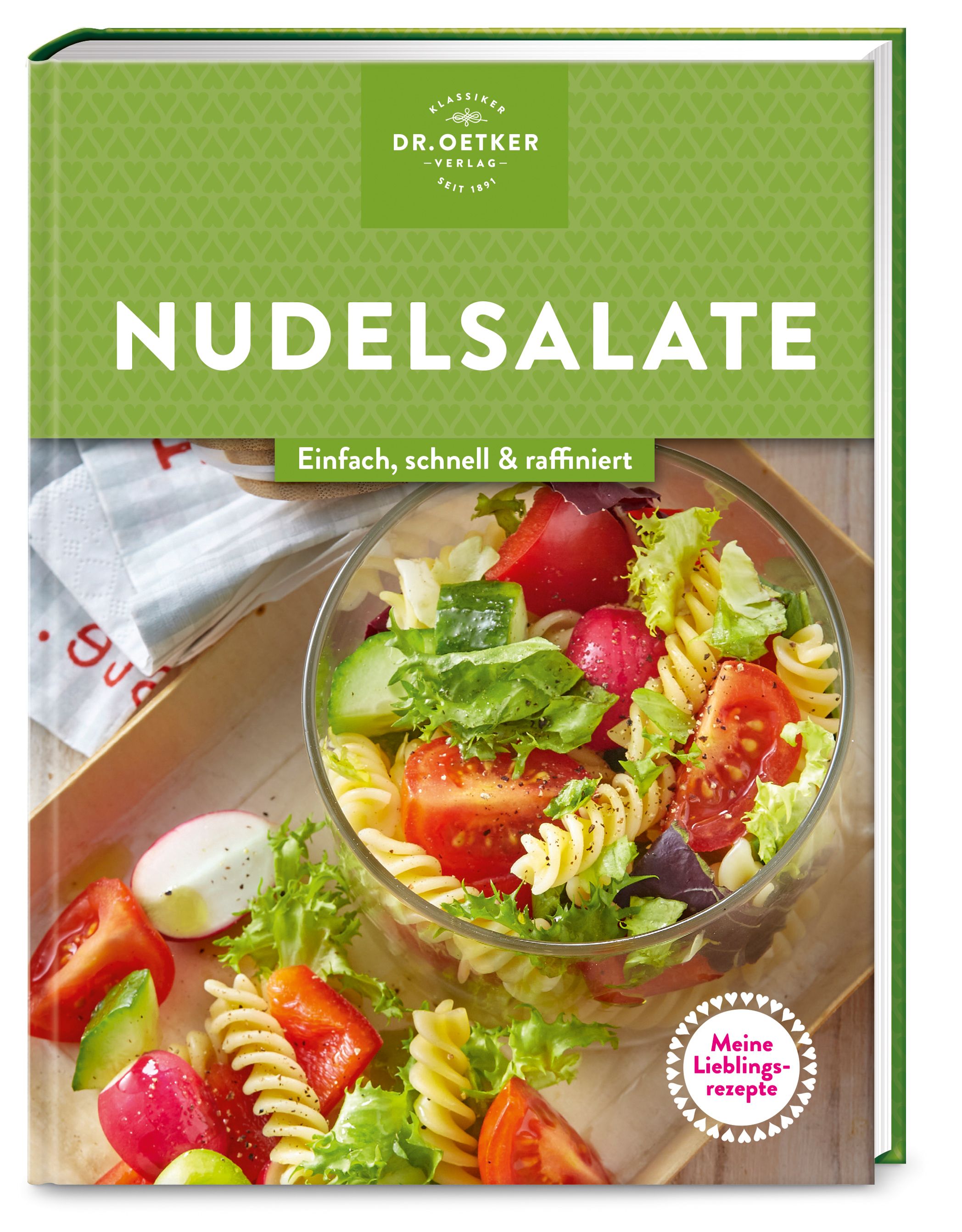 Buchcover mit Titel "Nudelsalate" und Logo Dr. Oetker. Abgebildet ist ein Nudelsalat mit Gemüse in einer Glasschüssel.