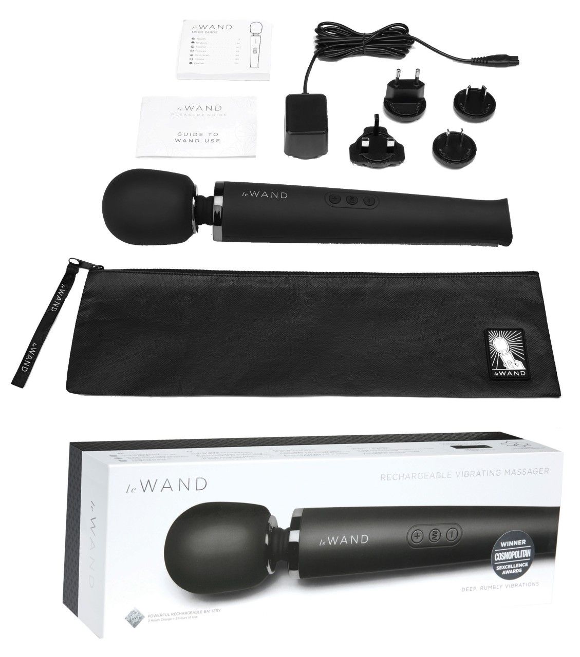 Umfassendes Set: Schwarzer Vibrationsmassagegerät, Ladekabel, Netzteil, Adapter, Beutel und Anleitung.