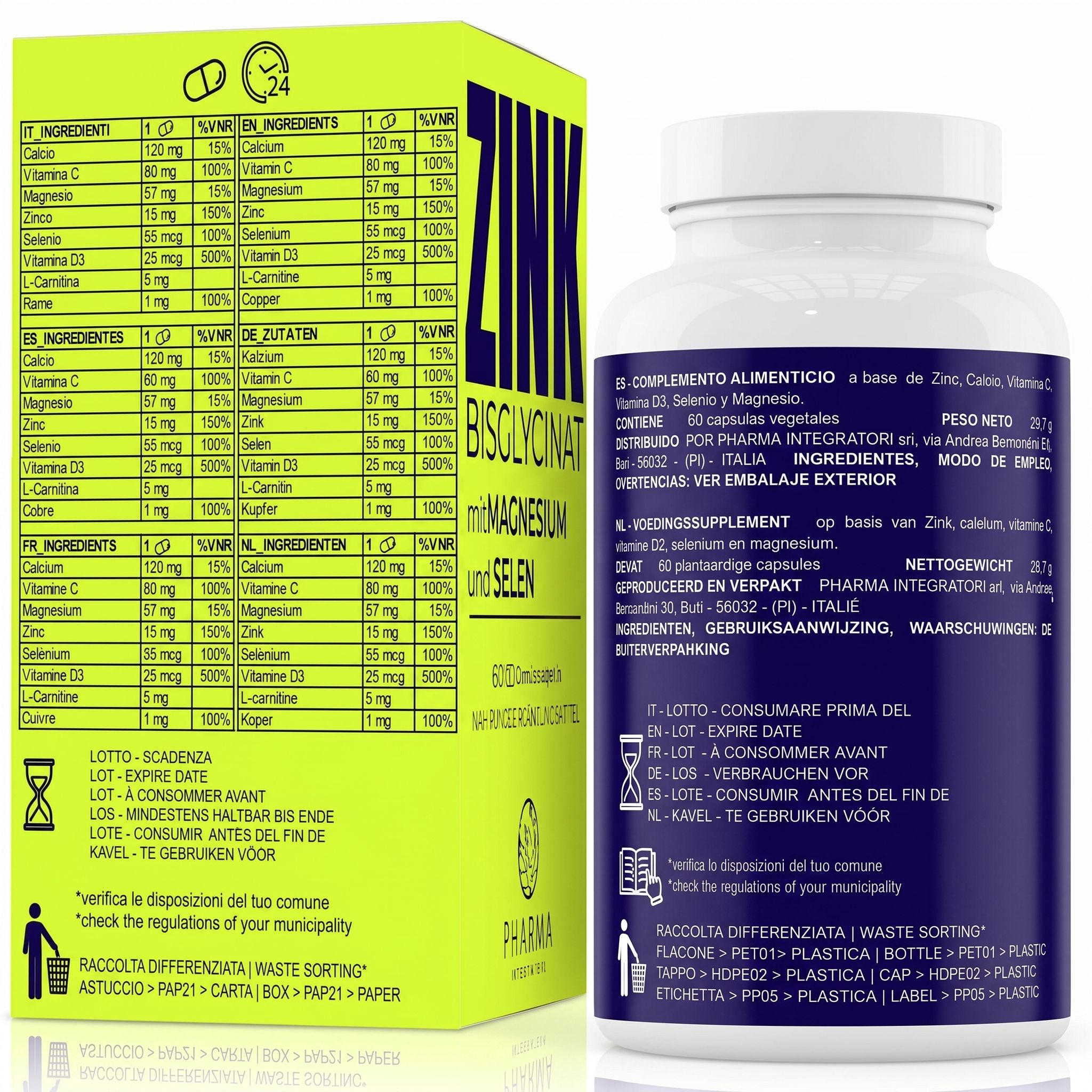 Flasche und Karton mit Zink Bisglicinato mit Magnesium, Vitamin C, Selen, Vitamin D3, Kupfer und Kalzium.