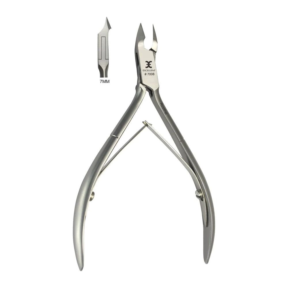 Nagelhautzange aus Metall. Zusätzliche Nahaufnahme der Schneide mit 7 mm Angabe. Marke und Modellnummer sichtbar.