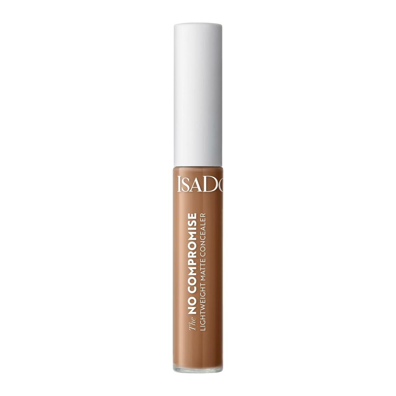 Concealer-Tube mit weißem Deckel. Aufschrift: IsaDora, The No Compromise, Lightweight Matte Concealer.