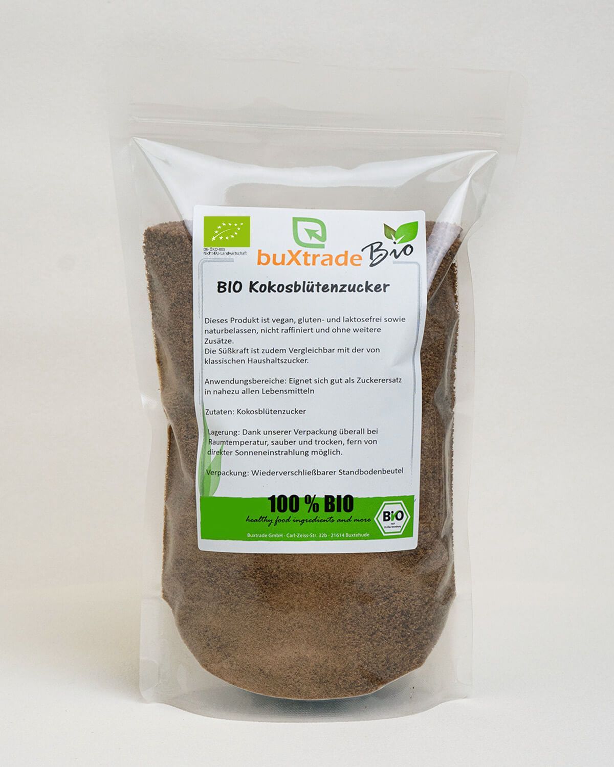 Bio Kokosblütenzucker in transparenter Standbodenbeutel-Verpackung mit Etikett.