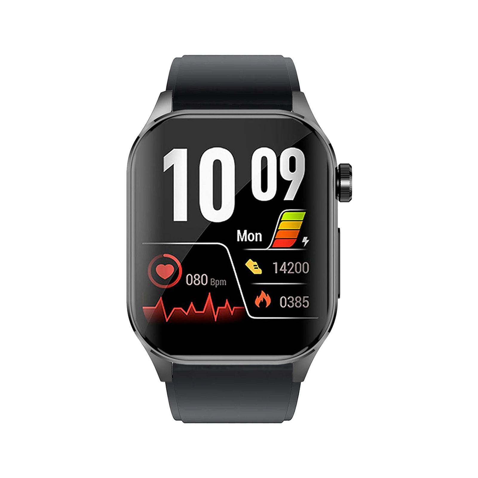 Schwarze Gesundheitsuhr mit Display. Zeigt Uhrzeit, Herzfrequenz, Schritte und Akkustand.