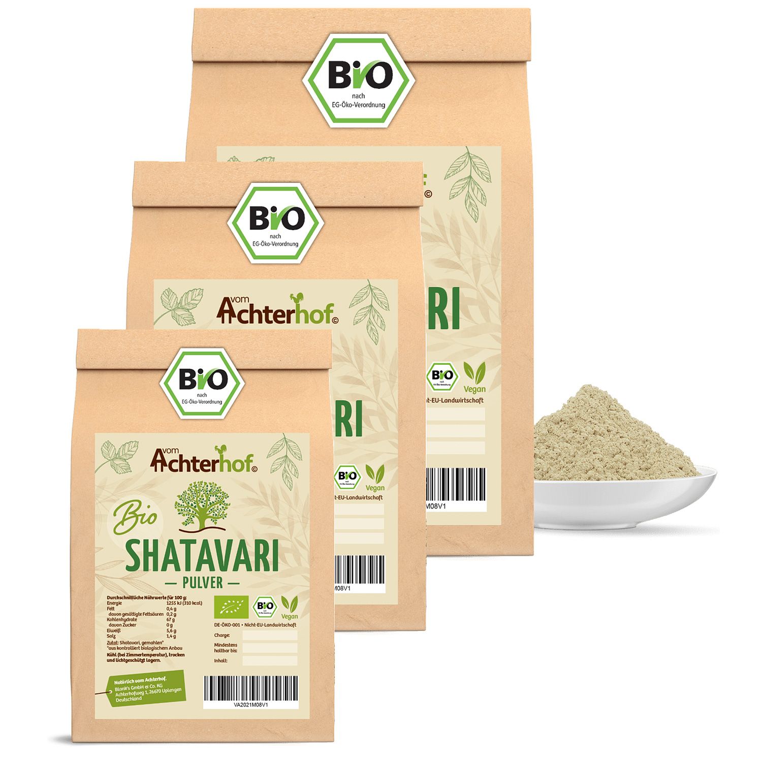 Mehrere Beutel Achterhof Bio Shatavari Pulver. Braune Papierverpackung mit Bio-Siegel und Produktbezeichnung. Daneben Pulver in Schale.
