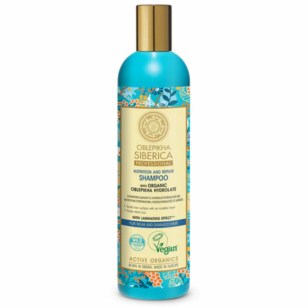 Oblepikha Siberica Shampoo: Blaue Flasche mit floralem Muster, goldener Verschluss. Enthält 400 ml.